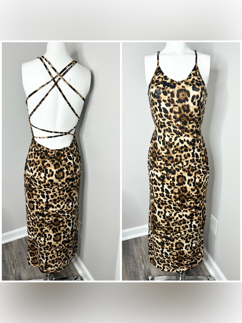 SHEIN Leopard Print Strappy Open-Back Slip Dress - Brown/Cream/Black -large